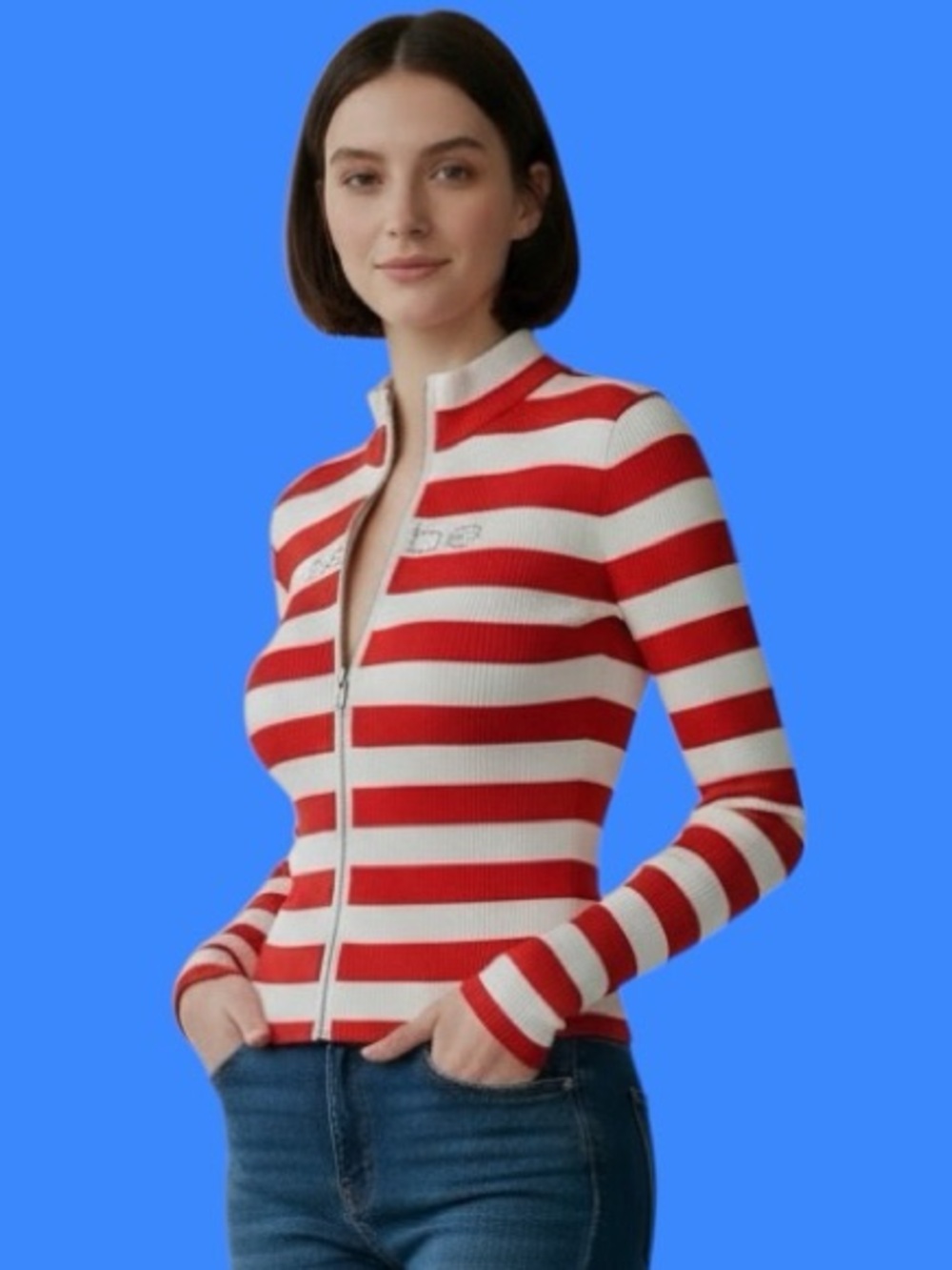 Bebe red and white striped with silver bling zippered sweater. Sz. L